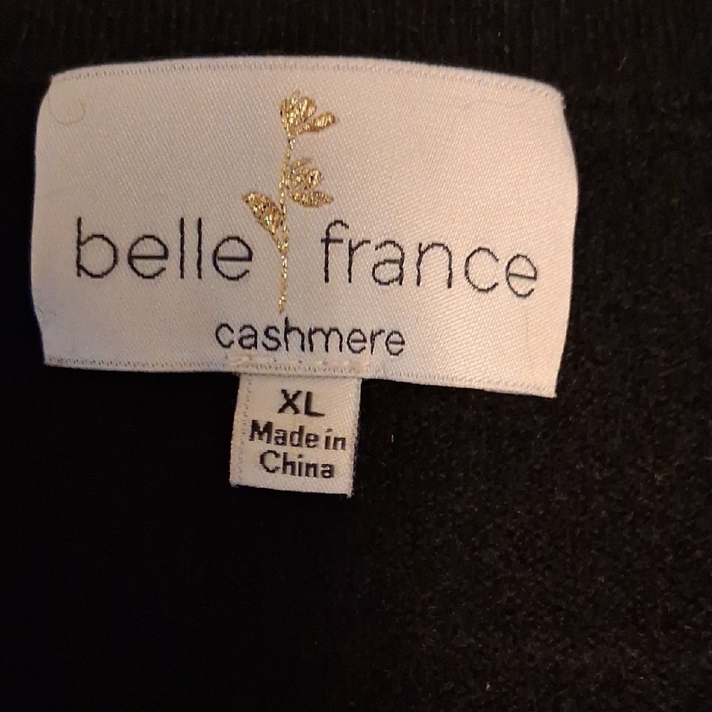 Luxe Belle France Black Cashmere Crew Neck Sweater With Pearl Sleeve Accents - Picture 2 of 11